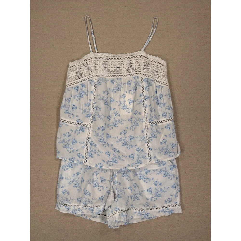 Caroline Constas Women Blue White Floral Cotton Pajama Set Cami Shorts Small NWT